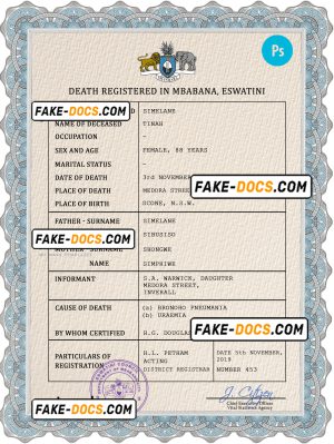 Eswatini vital record death certificate PSD template, completely editable
