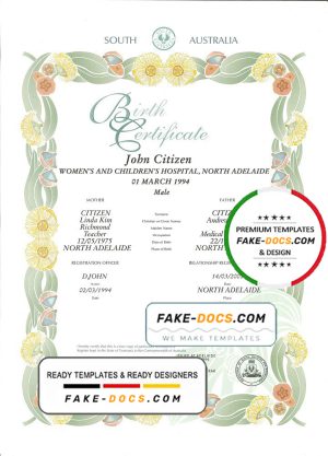 Australian South Australia decorative (commemorative) birth certificate template in PSD format, fully editable