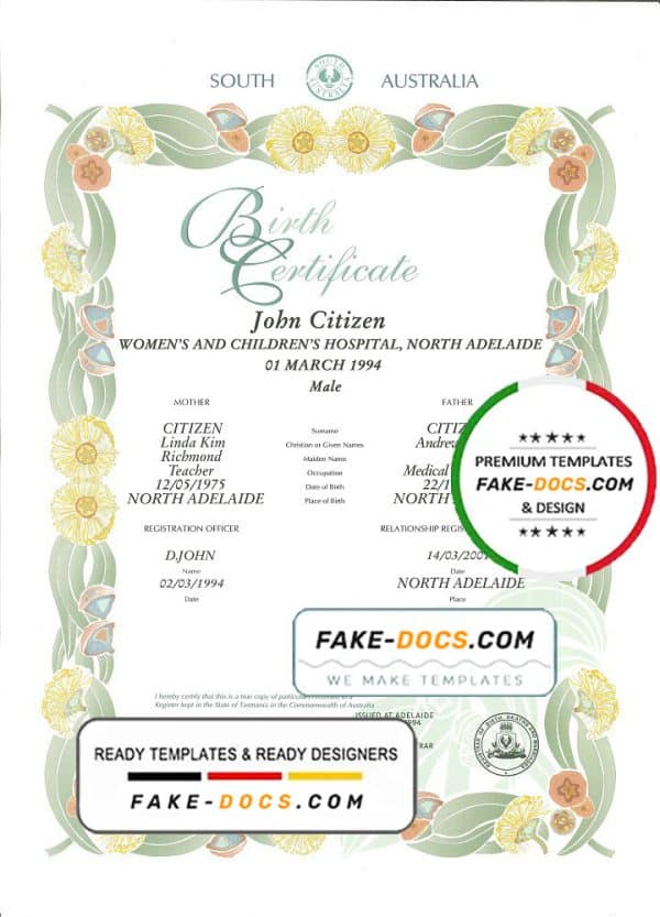 Australian South Australia decorative (commemorative) birth certificate template in PSD format, fully editable
