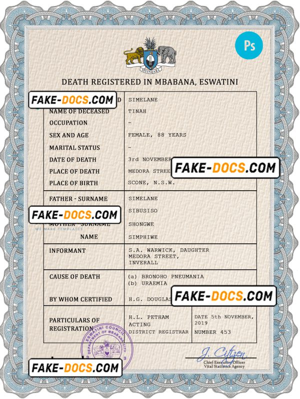 Eswatini vital record death certificate PSD template, completely editable scan