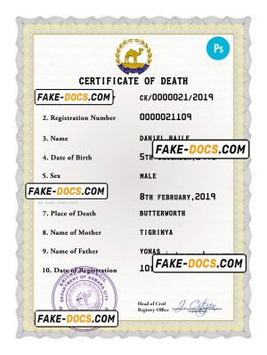 Eritrea vital record death certificate PSD template, fully editable