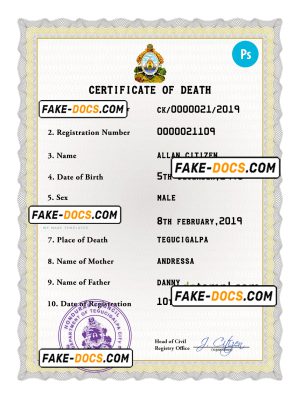 Honduras death certificate PSD template, completely editable