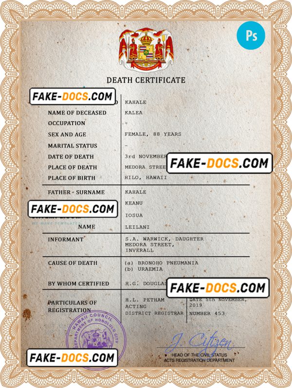Hawaii vital record death certificate PSD template