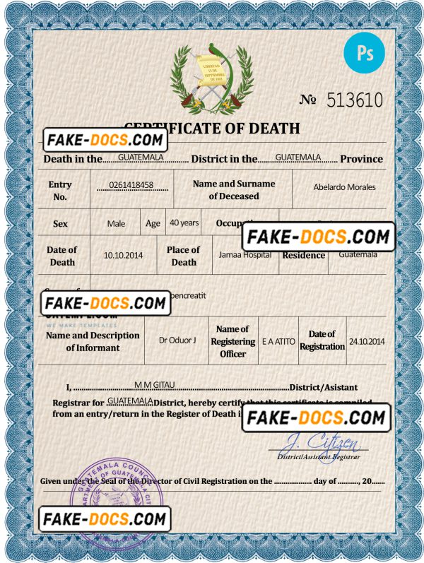 Guatemala vital record death certificate PSD template, fully editable