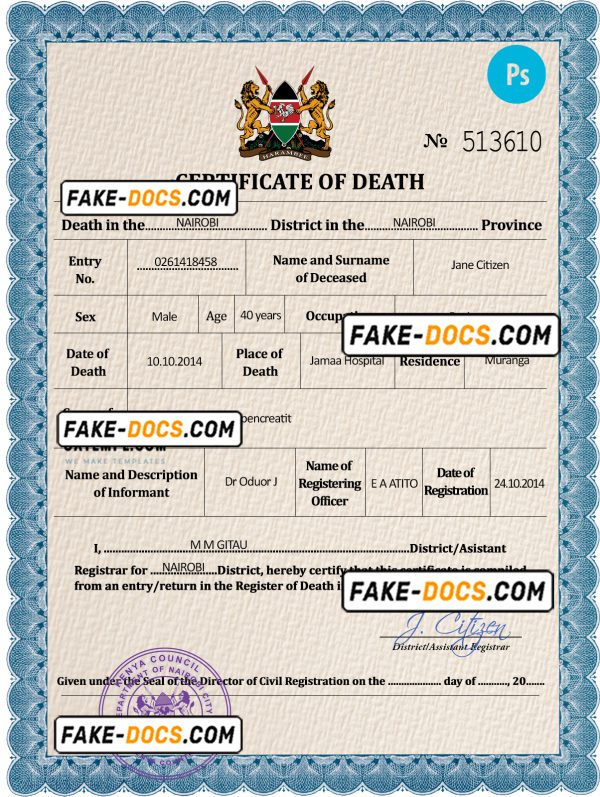 Kenya vital record death certificate PSD template, fully editable