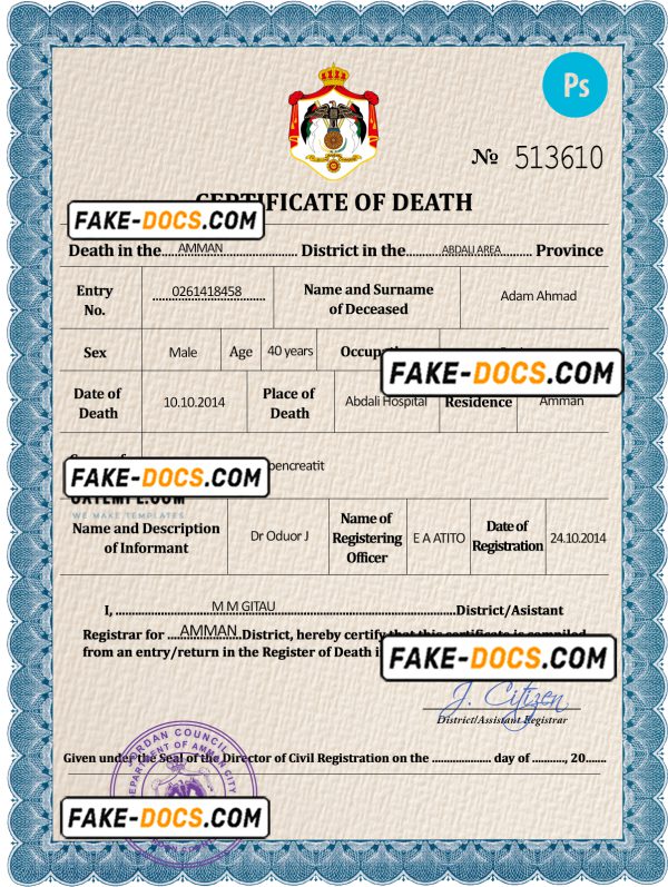 Jordan vital record death certificate PSD template, completely editable