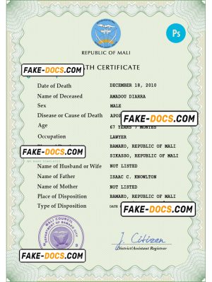 Mali death certificate PSD template, completely editable