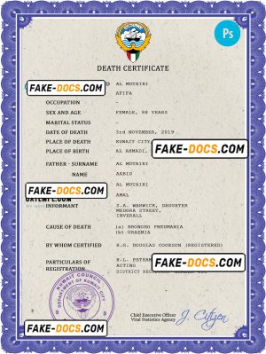 Kuwait vital record death certificate PSD template
