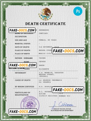 Mexico death certificate PSD template, completely editable