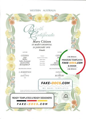 Australia Western Australia decorative (commemorative) birth certificate template in PSD format, fully editable