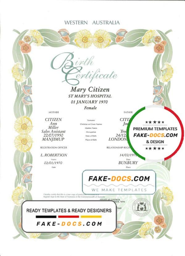 Australia Western Australia decorative (commemorative) birth certificate template in PSD format, fully editable