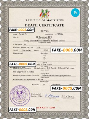 Mauritius vital record death certificate PSD template
