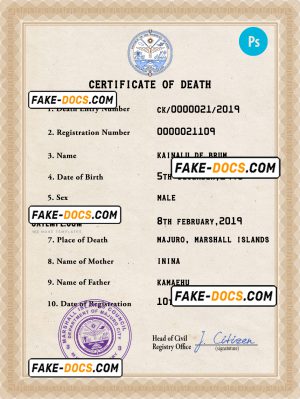 Marshall Islands death certificate PSD template, completely editable