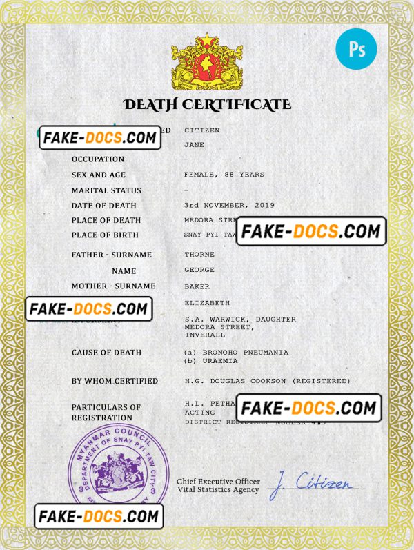 Myanmar death certificate PSD template, completely editable