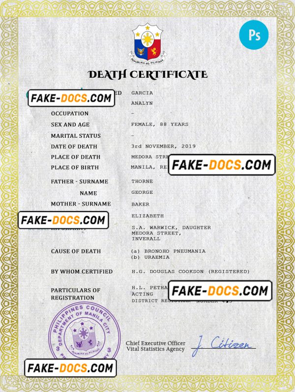 Philippines vital record death certificate PSD template, completely editable