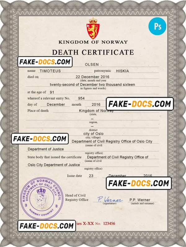 Norway vital record death certificate PSD template, completely editable