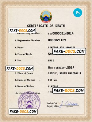 North Macedonia vital record death certificate PSD template