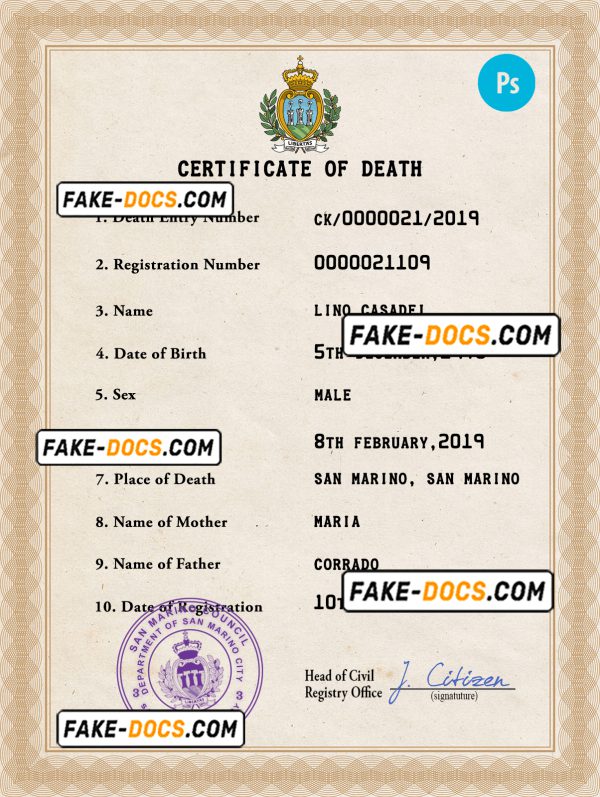 Samoa vital record death certificate PSD template, fully editable