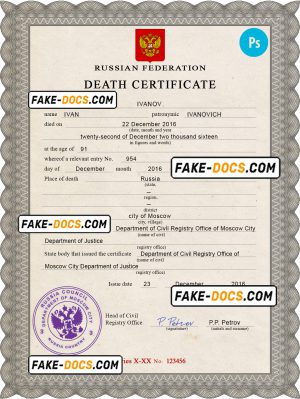 Russia vital record death certificate PSD template, completely editable