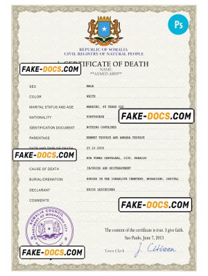 Somalia vital record death certificate PSD template, completely editable