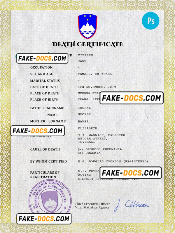 Slovenia death certificate PSD template, completely editable