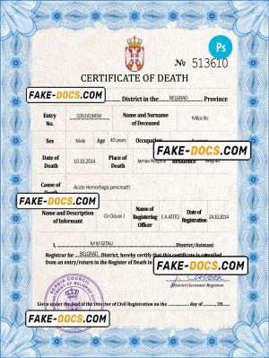 Serbia death certificate PSD template, completely editable
