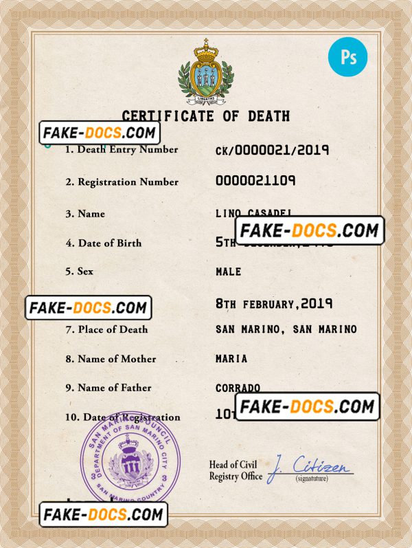 San Marino vital record death certificate PSD template, fully editable