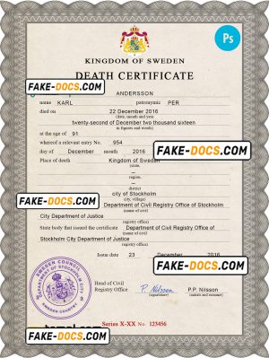 Sweden vital record death certificate PSD template, fully editable