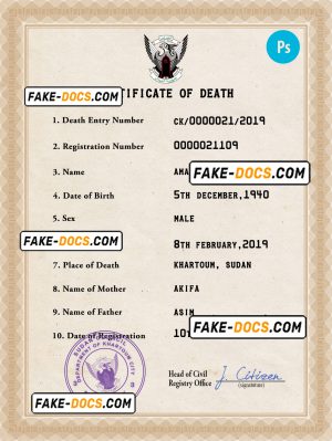 Sudan death certificate PSD template, completely editable
