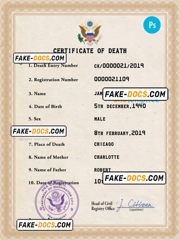 United States of America vital record death certificate PSD template