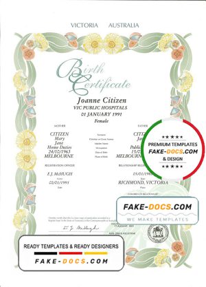 Australia Victoria state decorative (commemorative) birth certificate template in PSD format, fully editable