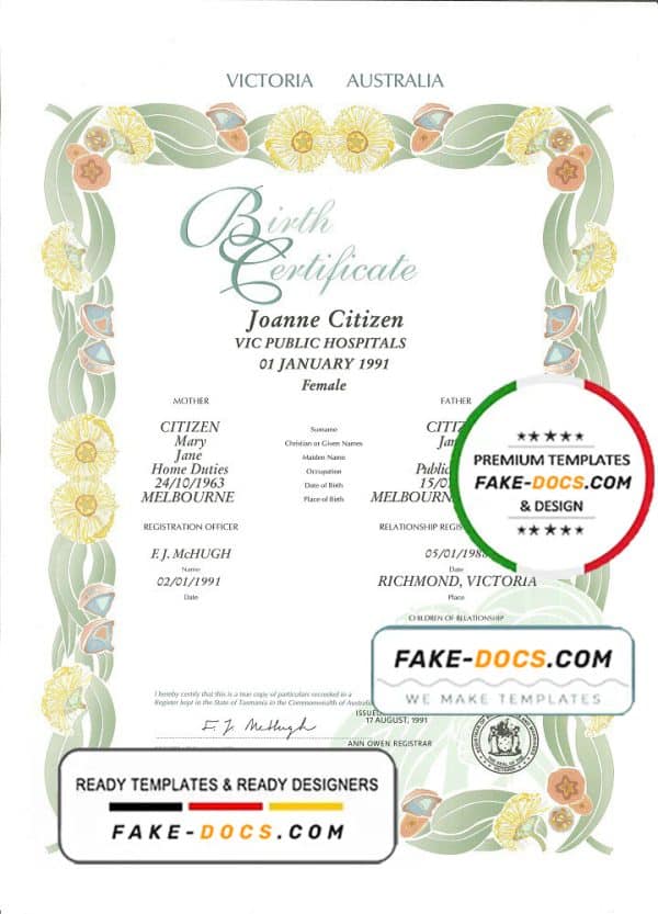 Australia Victoria state decorative (commemorative) birth certificate template in PSD format, fully editable