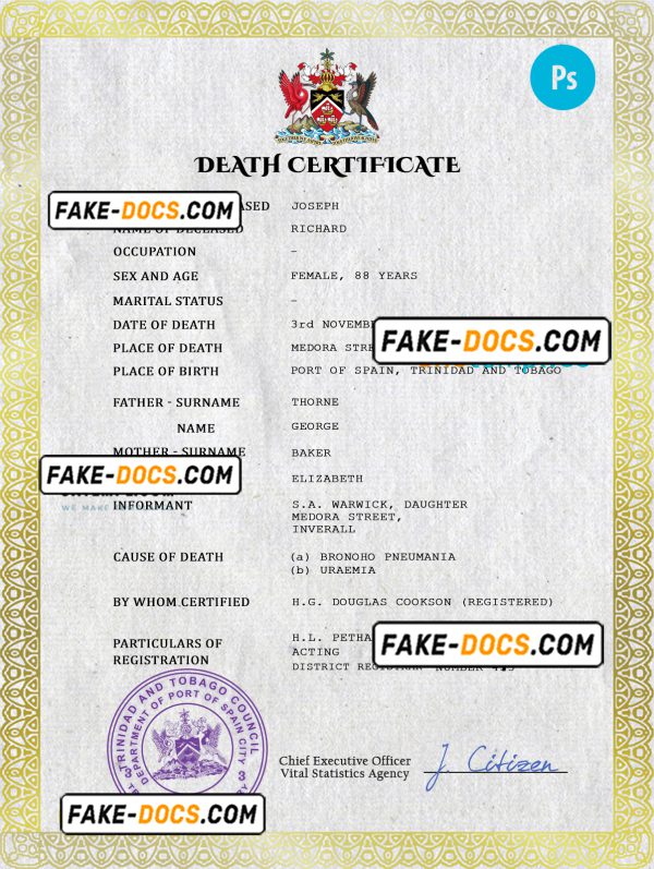 Trinidad and Tobago vital record death certificate PSD template, completely editable