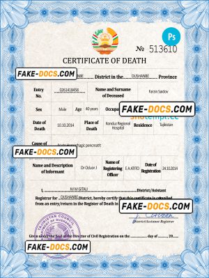 Tajikistan vital record death certificate PSD template, completely editable