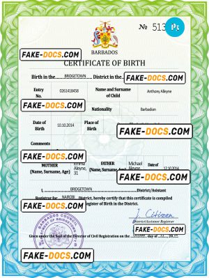 Barbados vital record birth certificate PSD template, completely editable