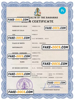 Bahamas vital record birth certificate PSD template, fully editable
