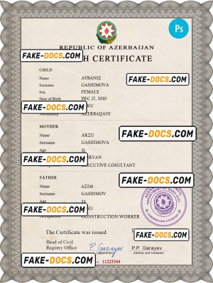 Azerbaijan birth certificate PSD template, completely editable
