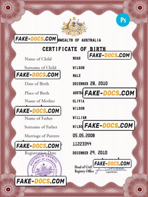 Australia vital record birth certificate PSD template