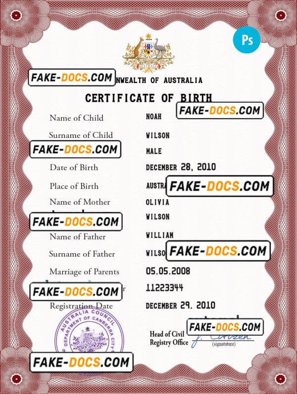 Australia vital record birth certificate PSD template