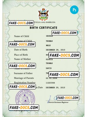 Antigua and Barbuda birth certificate PSD template, completely editable