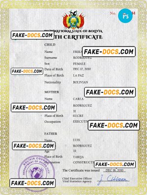Bolivia vital record birth certificate PSD template, completely editable