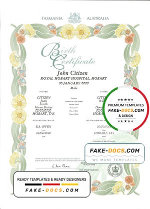 Australia Tasmania decorative (commemorative) birth certificate template in PSD format, fully editable