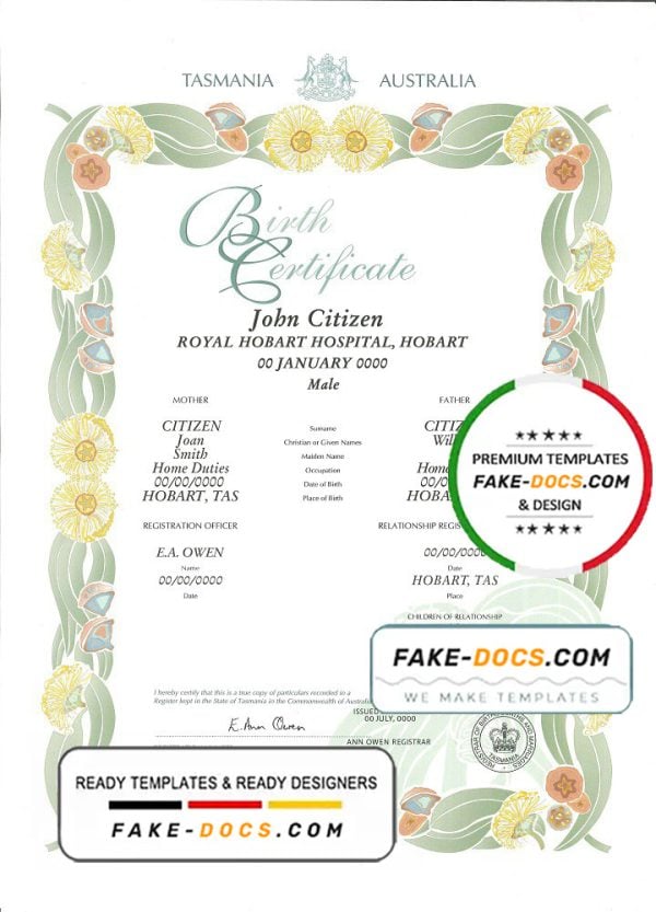 Australia Tasmania decorative (commemorative) birth certificate template in PSD format, fully editable