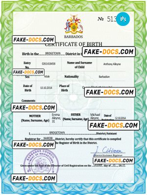 Barbados vital record birth certificate PSD template, completely editable