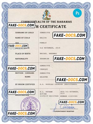 Bahrain vital record birth certificate PSD template
