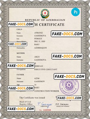 Azerbaijan birth certificate PSD template, completely editable