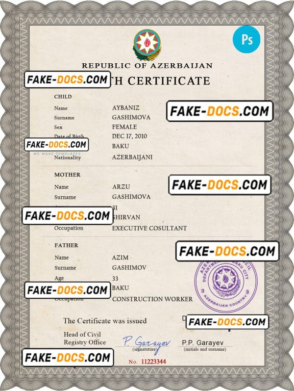 Azerbaijan birth certificate PSD template, completely editable