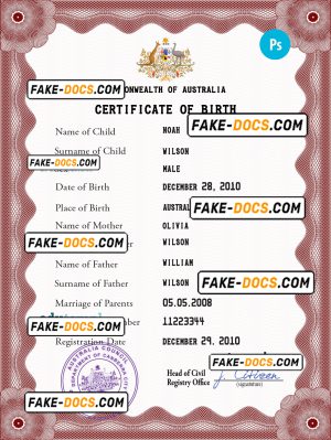 Australia vital record birth certificate PSD template