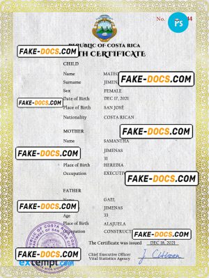 Costa Rica birth certificate PSD template, completely editable