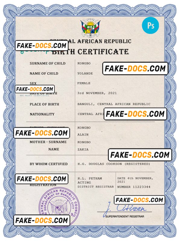 Central African Republic birth certificate PSD template, completely editable